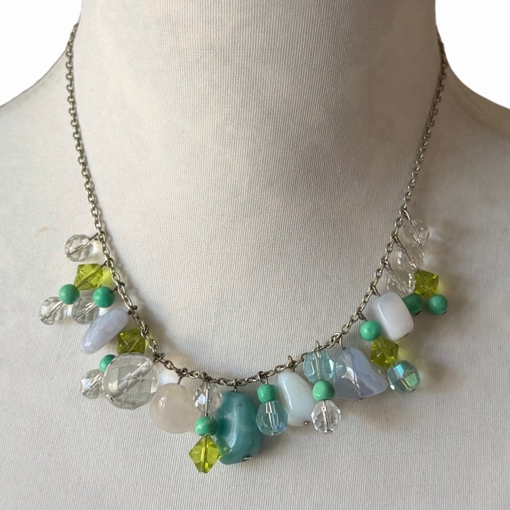 Green & Aqua Beaded Cluster Necklace | Gemstone Statement | Boho Chic